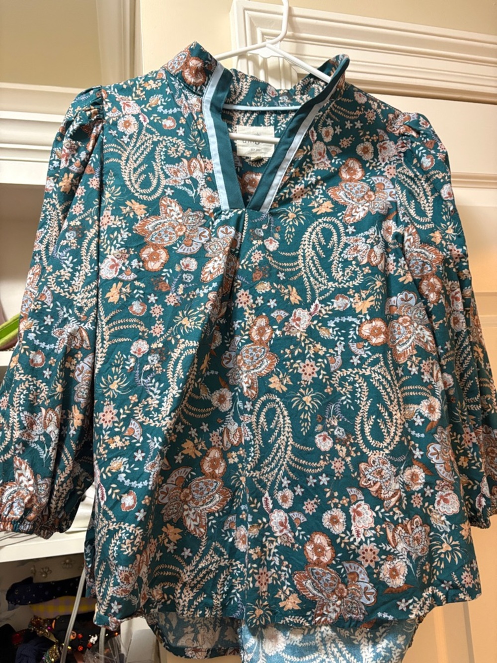 Umgee Teal Floral V-Neck Puff Sleeve Tunic